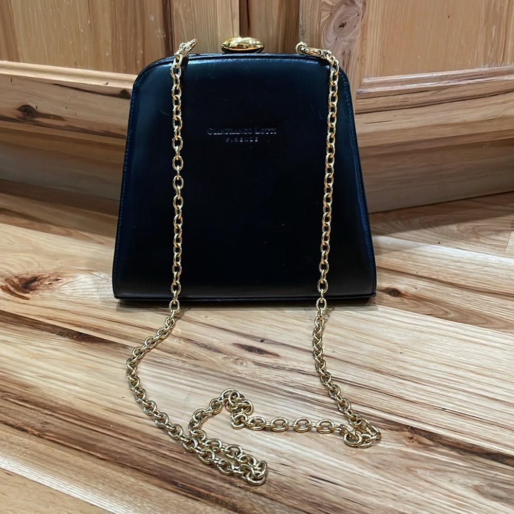 Gianfranco Lotti Firenze Italy black leather clutch purse gold chain vintage